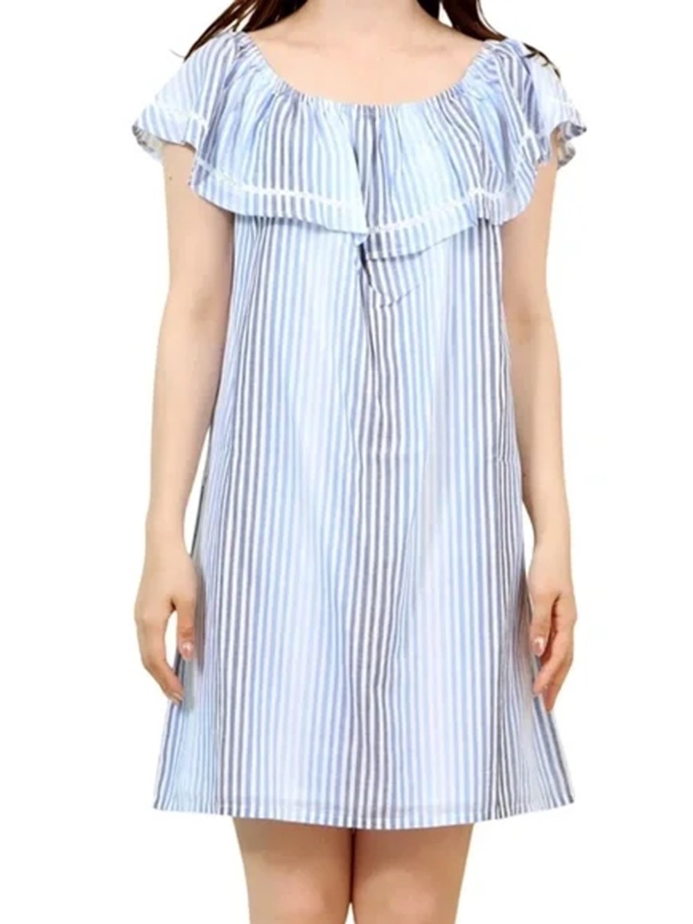 Tommy Bahama Ruffled Cotton Dress Tunic On Off Shoulder White Blue Stripe